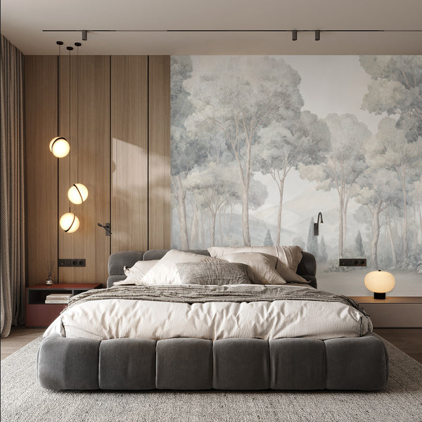 Soft misty forest wallpaper with gentle warm-brown trunk accents, creating a serene entryway feature wall. This high-quality peel and stick mural is ideal for renters and designers.