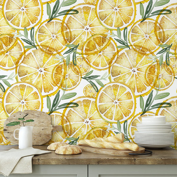 Watercolor Yellow Lemons Wallpaper CC232 - CostaCover-Peel and stick Removable Wallpaper---