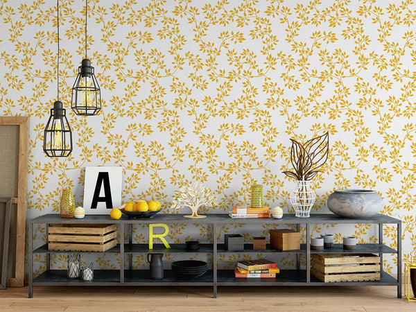 Gold Branches & Leaves Wallpaper CC128 - CostaCover - Peel and stick Removable Wallpaper - Backsplash panels - bathroom wallpaper - bedroom interior