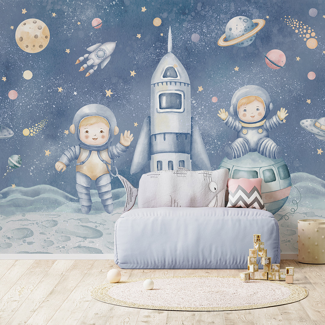 Blue Astronauts & Spaceship Wall Mural SM085