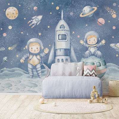 Blue Astronauts & Spaceship Wall Mural SM085
