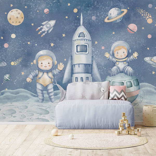 Blue Astronauts & Spaceship Wall Mural SM085 - CostaCover - Peel and stick Removable Wallpaper - accent wallpaper - adhesive wallpaper - baby bedroom