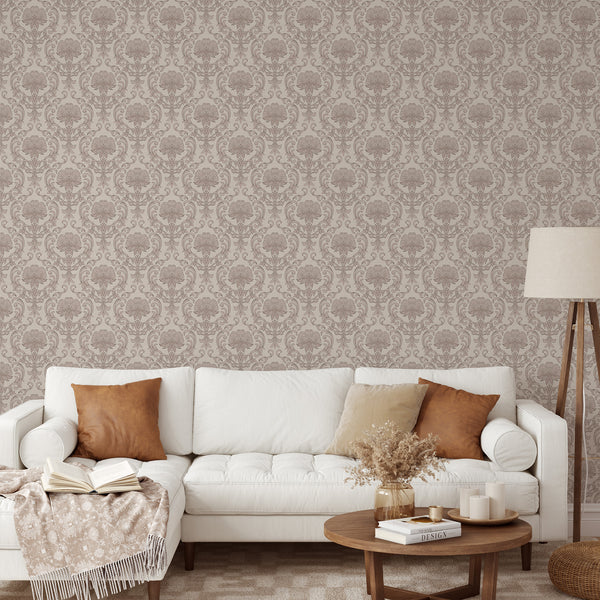 Beige damask wallpaper with curling scrolls and medallions, creating a vintage ambiance in master bedrooms. The muted dusty rose and taupe tones offer romantic elegance, fitting well with traditional decor styles.
