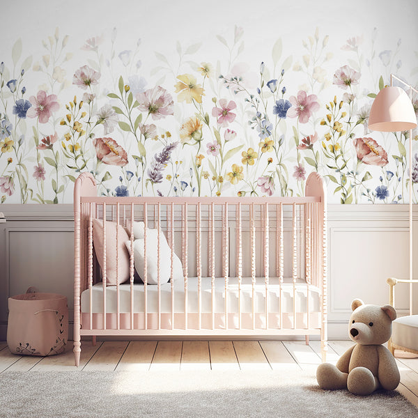 Watercolor-style wildflower mural featuring closely spaced blooms and leaves in a soothing pastel palette. The lightweight texture and horizontal orientation suits entryways or dining areas, offering a fresh, nature-inspired aesthetic. Easy to install and eco-friendly, this mural is a versatile choice for modern home decor.