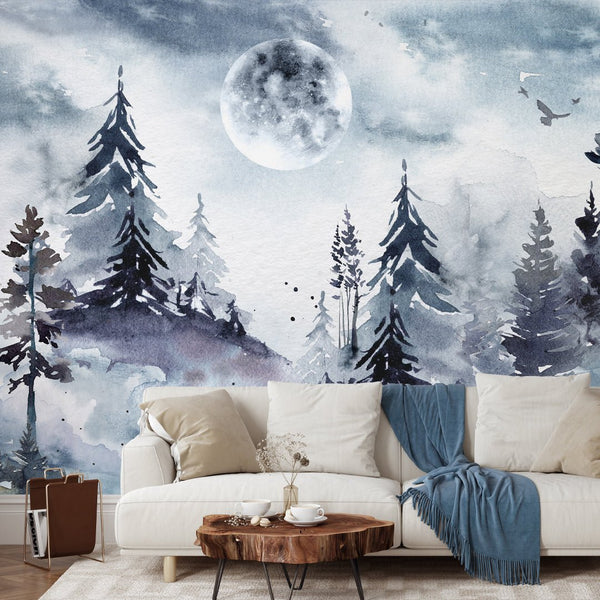 Forest & Sky Moon Wall Mural WM029 - CostaCover - Peel and stick Removable Wallpaper - Abstract - abstract wall art - abstract wallpaper