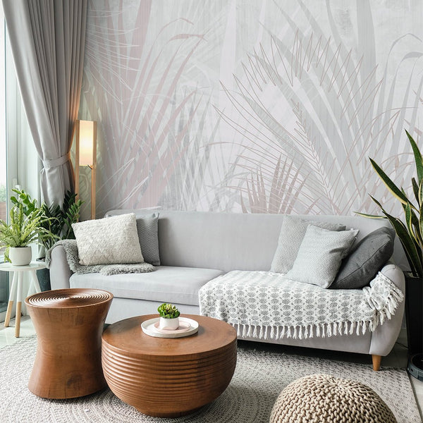 Pastel Gray Palm Leaf Wall Mural WM084 - CostaCover - Peel and stick Removable Wallpaper - accent wallpaper - adhesive wallpaper - banana leaves