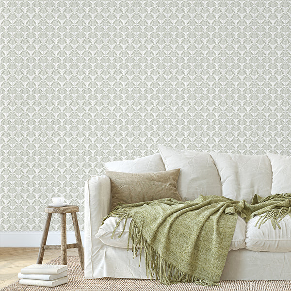 Sage Green Coastal Leaves Wallpaper L061