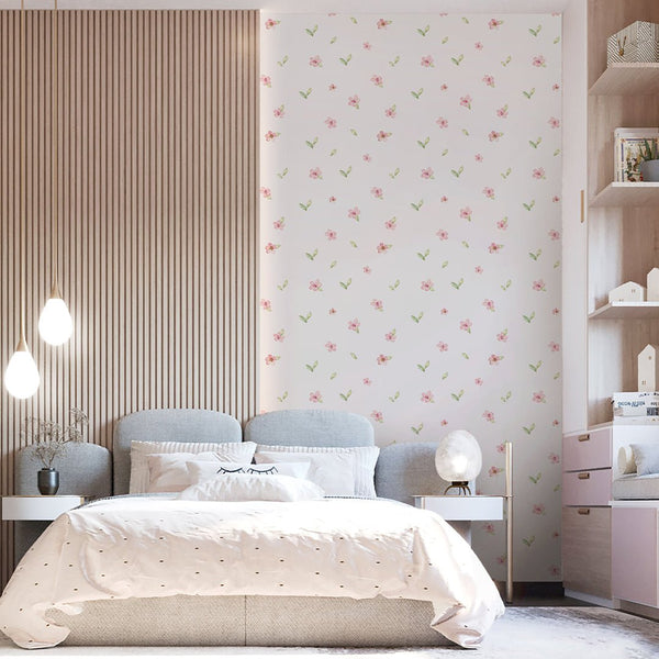 Pink Petite Flowers Wallpaper S067 - CostaCover - Peel and stick Removable Wallpaper - accent wallpaper - adhesive wallpaper - baby bedroom