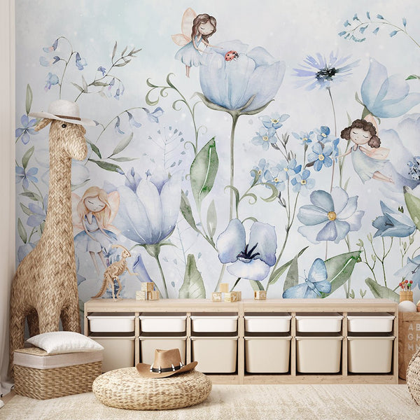 Cute Blue Flower Fairy Wall Mural SM054 - CostaCover - Peel and stick Removable Wallpaper - accent wallpaper - adhesive wallpaper - baby bedroom