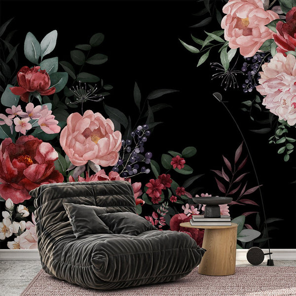 Dark Pink Red Flowers Bouquet Wall Mural SM030 - CostaCover - Peel and stick Removable Wallpaper - abstract floral - accent wallpaper - adhesive wallpaper