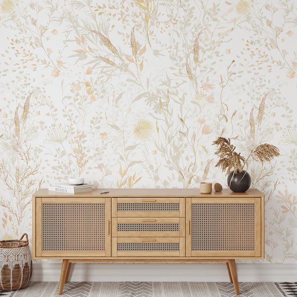 Delicate botanical composition of Beige & Gold Floral Wallpaper, showcasing glossy, foil-like shimmer and subtle metallic embossing. Suited for elegant living spaces like bedrooms or nurseries, it offers a soft, airy spread rather than dense coverage. Easy to apply, high-quality removable material for stylish decor.