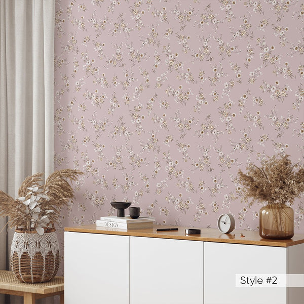 Beige Pink Tiny Flowers Wallpaper W150 - CostaCover - Peel and stick Removable Wallpaper - Abstract Beige Gold Stripes Waves Removable Wallpaper near me - abstract floral - abstract wall art