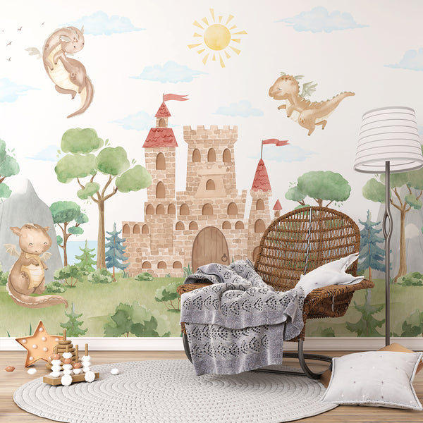 Watercolor kingdom wallpaper with cute brown dragons, a medieval castle, lush green forest and soft blue sky for a magical nursery or kids bedroom.