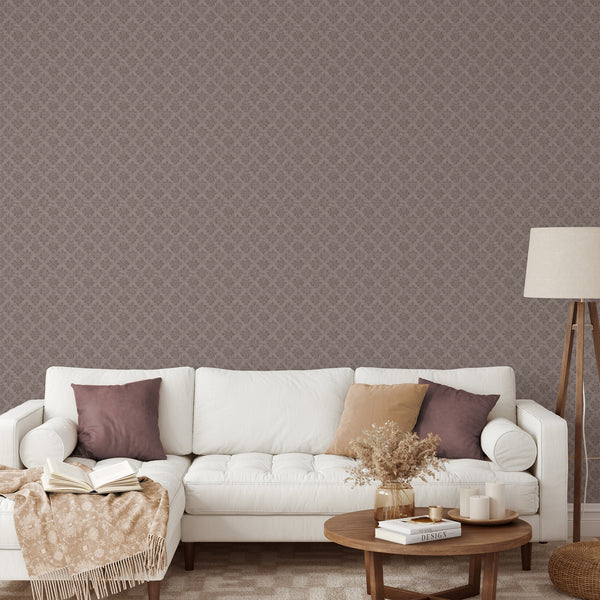 Classic taupe floral damask with medium density pattern, offering a gently distressed wash perfect for living rooms. This high-quality, removable wallpaper is made in the USA and designed for easy installation and repositioning, ideal for those seeking a temporary yet elegant home decor solution.