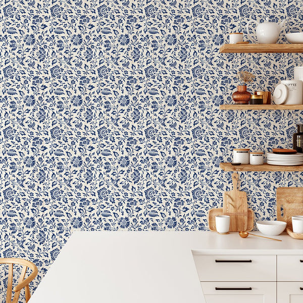 Blue Vintage Flowers Wallpaper CC347 - CostaCover - Peel and stick Removable Wallpaper - accent wallpaper - adhesive wallpaper - bathroom wallpaper