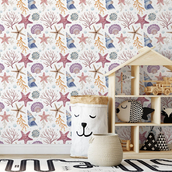 Seashells and Corals Wallpaper S090 - CostaCover - Peel and stick Removable Wallpaper - accent wallpaper - adhesive wallpaper - baby bedroom