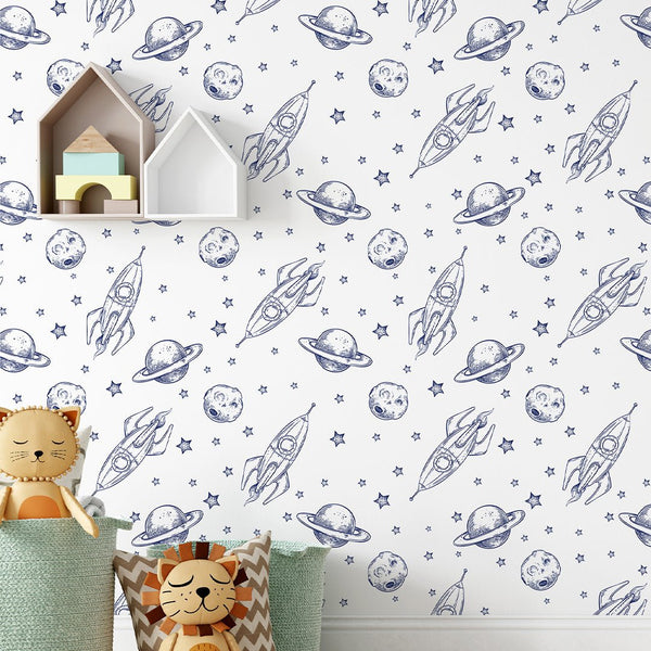 Line Art Spaceship & Planet Wallpaper S130 - CostaCover-Peel and stick Removable Wallpaper-abstract wall art-accent wallpaper-adhesive wallpaper