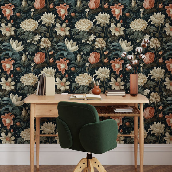 Dark Floral Botanical Wallpaper W143 - CostaCover-Peel and stick Removable Wallpaper-abstract floral-abstract wallpaper-accent wallpaper