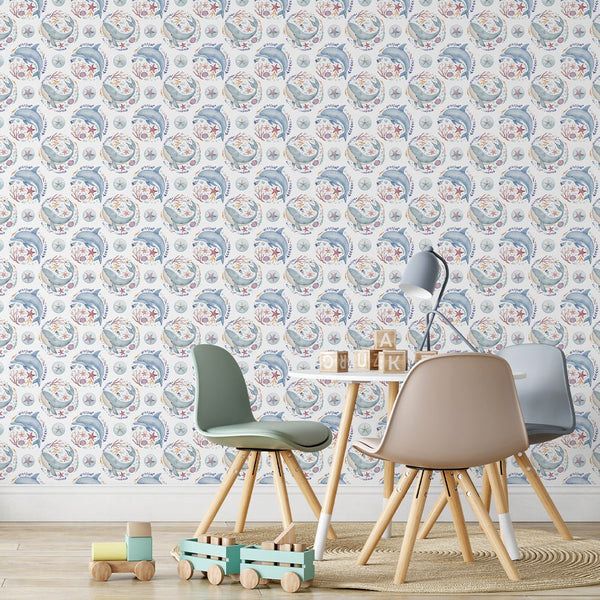 Blue Whale and Dolphin Wallpaper S093 - CostaCover - Peel and stick Removable Wallpaper - Abstract - abstract wall art - abstract wallpaper