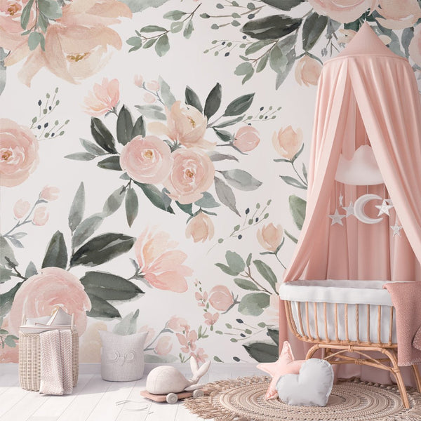Soft Pink Roses Wall Mural WM011 - CostaCover - Peel and stick Removable Wallpaper - baby bedroom - bedroom wallpaper - blush pink wallpaper