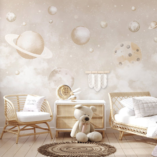 Beige Planets in Space Wall Mural SM086 - CostaCover - Peel and stick Removable Wallpaper - accent wallpaper - adhesive wallpaper - baby bedroom