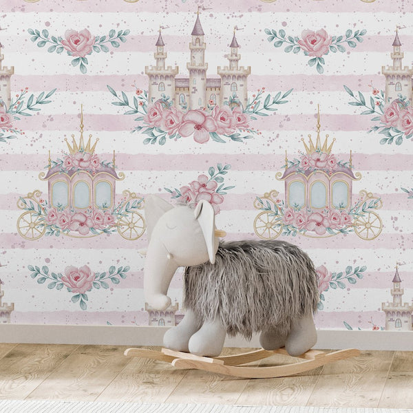 Pink Kingdom & Stripes Wallpaper A042 - CostaCover-Peel and stick Removable Wallpaper-accent wallpaper-adhesive wallpaper-baby bedroom