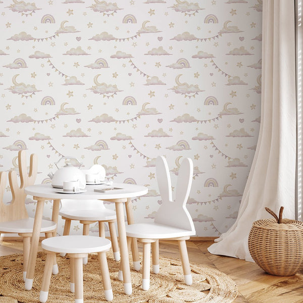 Tiny Rainbows & Clouds Wallpaper A048 - CostaCover-Peel and stick Removable Wallpaper-accent wallpaper-adhesive wallpaper-baby bedroom