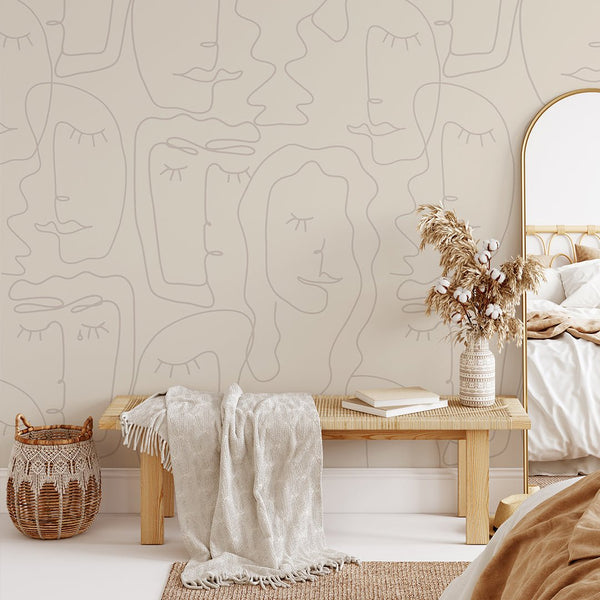 Beige Abstract Female Face Wallpaper CC307 - CostaCover - Peel and stick Removable Wallpaper - Abstract - abstract lines - abstract mural