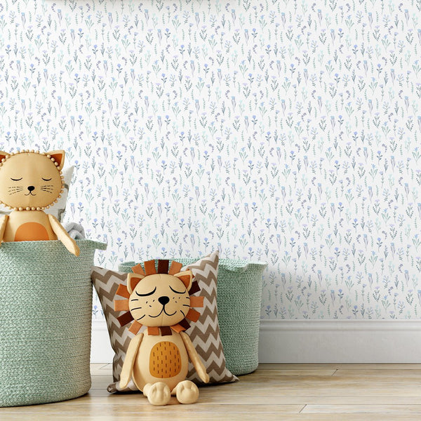 Blue Miniature Flowers Wallpaper S080 - CostaCover - Peel and stick Removable Wallpaper - accent wallpaper - adhesive wallpaper - aqua blue