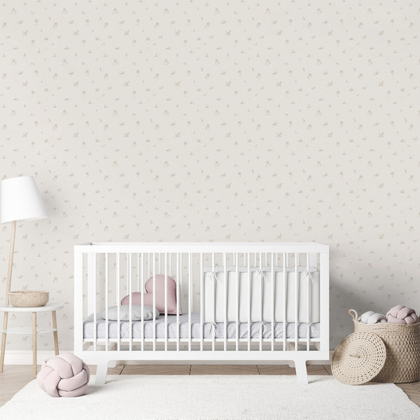 Gentle beige fox nursery wallpaper with hand-drawn woodland motifs, including tiny trees and mushrooms. This pre-pasted wallpaper is ideal for creating a soothing and playful atmosphere in a gender-neutral nursery, providing easy application and eco-friendly materials for decorators and parents.