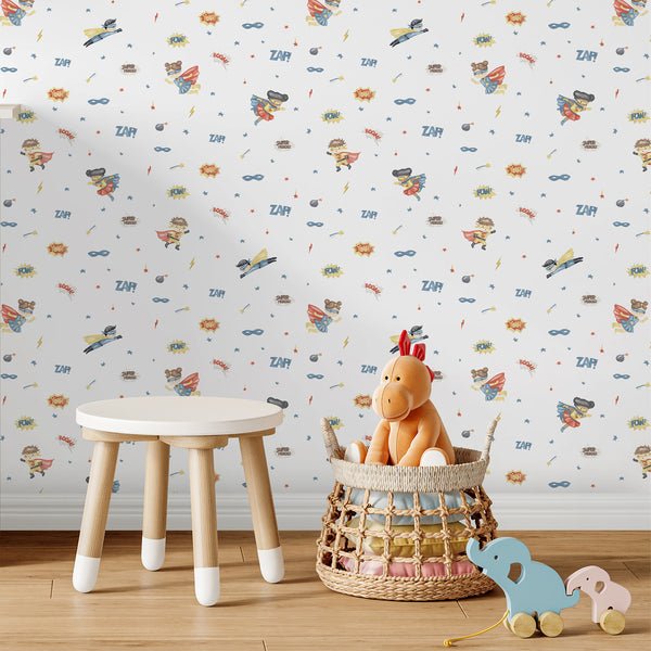 Comic nursery wallpaper with cute flying superheroes, masks, lightning bolts, stars and POW, ZAP and BOOM details in soft primary colors.