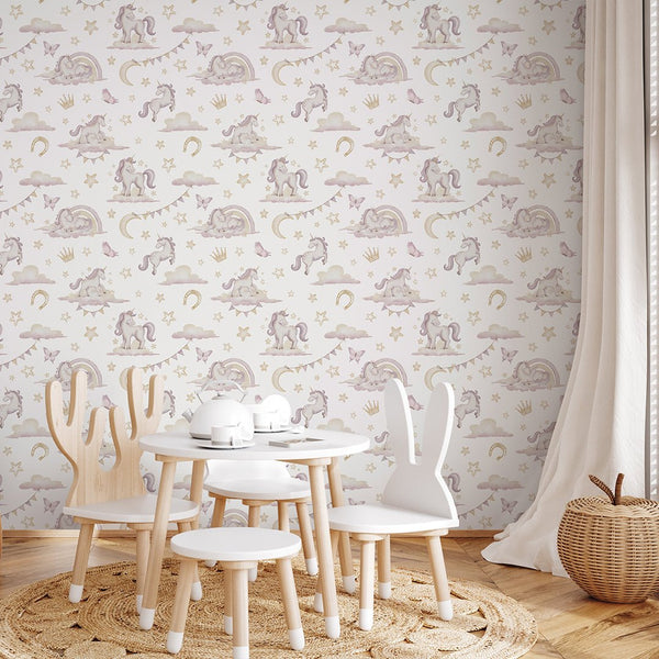 Pink Unicorns on Clouds Wallpaper A044 - CostaCover-Peel and stick Removable Wallpaper-accent wallpaper-adhesive wallpaper-baby bedroom