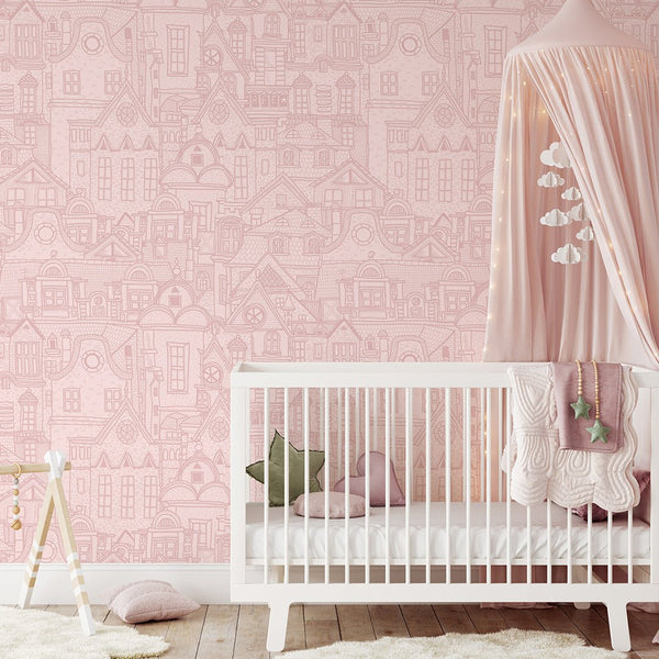 Pink City Houses Wallpaper CC313 - CostaCover - Peel and stick Removable Wallpaper - Abstract - abstract wallpaper - accent wallpaper