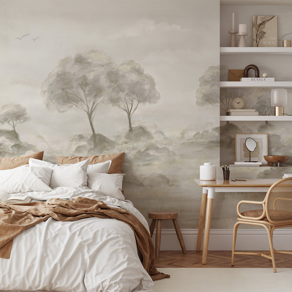 Soft neutral wall mural with watercolor trees, hazy vegetation and warm beige greige tones, creating an airy landscape for a modern bedroom or living room.