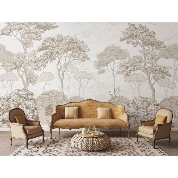 Vintage Forest Wall Mural featuring fine linework and detailed tree canopies. The warm taupe tones and airy composition enhance bedrooms, offering a removable and easy-to-apply solution perfect for renters.