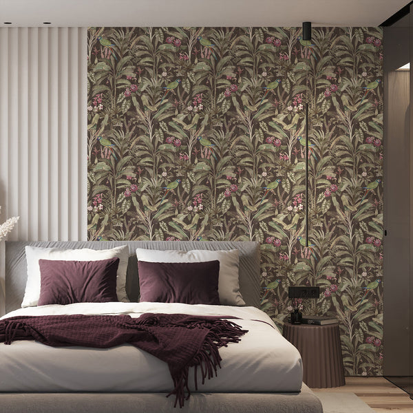 Vintage parrot wallpaper featuring exotic green birds among lush tropical plants, ferns and dusty pink flowers for an elegant statement wall.