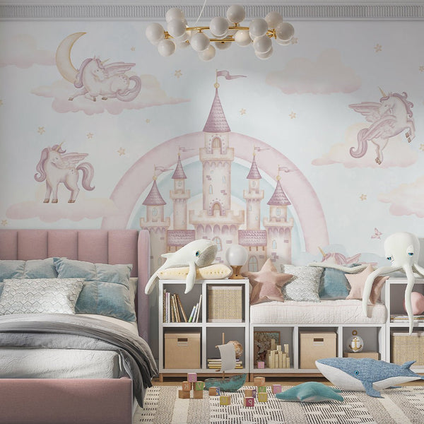 Pink Blue Magical Kingdom Wall Mural AM133 - CostaCover-Peel and stick Removable Wallpaper-accent wallpaper-adhesive wallpaper-baby bedroom