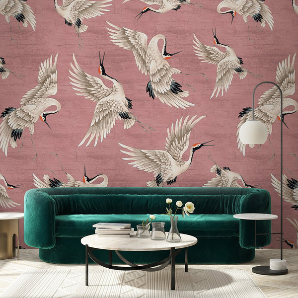 Flying Pink Japanese Cranes Wall Mural WM115 - CostaCover - Peel and stick Removable Wallpaper - accent wallpaper - adhesive wallpaper - animal texture