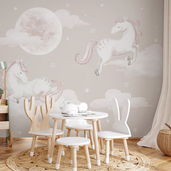 Beige Unicorns & Moon Wall Mural AM128 - CostaCover-Peel and stick Removable Wallpaper-accent wallpaper-adhesive wallpaper-baby bedroom