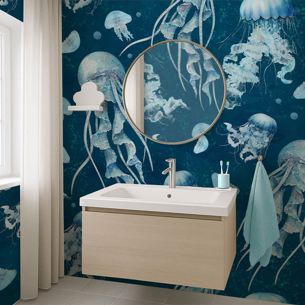 Blue Neon Jellyfish Wall Mural SM063 - CostaCover - Peel and stick Removable Wallpaper - accent wallpaper - adhesive wallpaper - baby bedroom