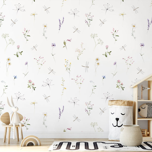 Floral Garden Wildflowers Wallpaper S069 - CostaCover-Peel and stick Removable Wallpaper-accent wallpaper-adhesive wallpaper-baby bedroom