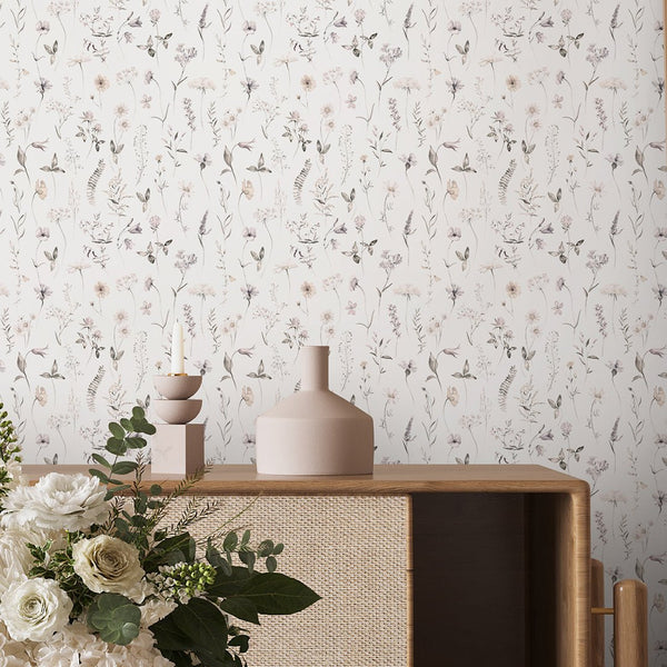 Tiny Neutral Wildflowers Wallpaper S064 - CostaCover - Peel and stick Removable Wallpaper - accent wallpaper - adhesive wallpaper - bathroom wallpaper