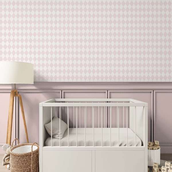 Close-up of pastel pink and near-white diamond pattern wallpaper, offering a gentle, repetitive design. This self-adhesive wallpaper is easy to apply and reposition, perfect for renters decorating a small home office.