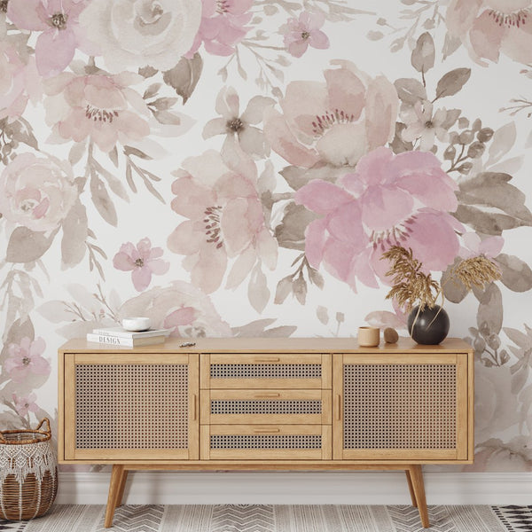 Beige Pink Flowers Wall Mural WM004 - CostaCover - Peel and stick Removable Wallpaper - adhesive wallpaper - bedroom wallpaper - best peel and stick wallpaper