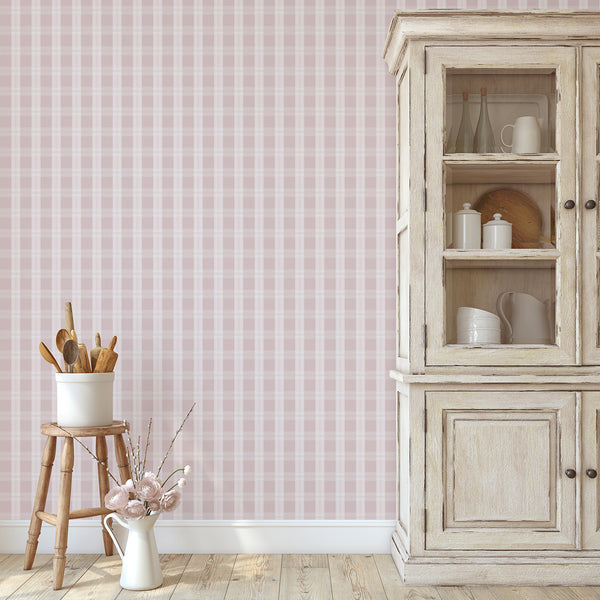 Cottagecore wallpaper featuring a blush pink check pattern with refined ivory stripes for farmhouse kitchens, dining rooms, and cozy bedrooms.