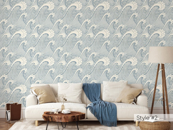 Blue Japanese Waves Wallpaper W002 - CostaCover - Peel and stick Removable Wallpaper - adhesive wallpaper - aqua blue - Aqua blue wallpaper