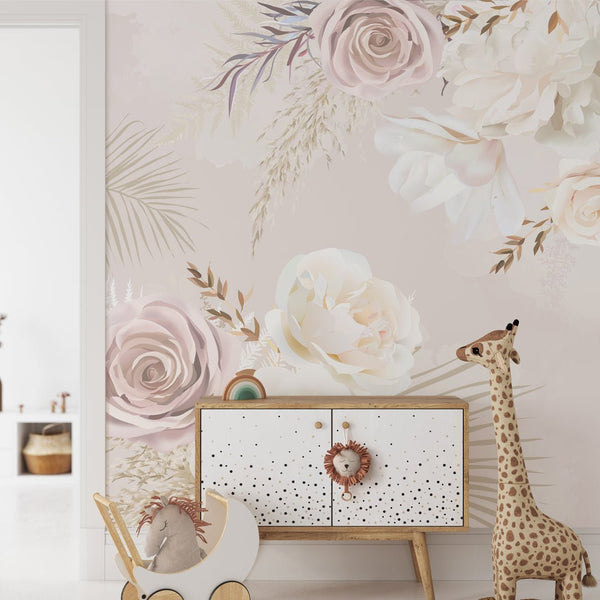 Soft Pink & White Flowers Wall Mural WM010 - CostaCover - Peel and stick Removable Wallpaper - baby bedroom - bathroom wallpaper - bedroom interior