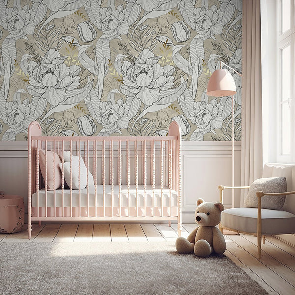 Beige, Black & Gold Flowers Wall Mural CCM158 - CostaCover - Peel and stick Removable Wallpaper - abstract wallpaper - accent wallpaper - adhesive wallpaper