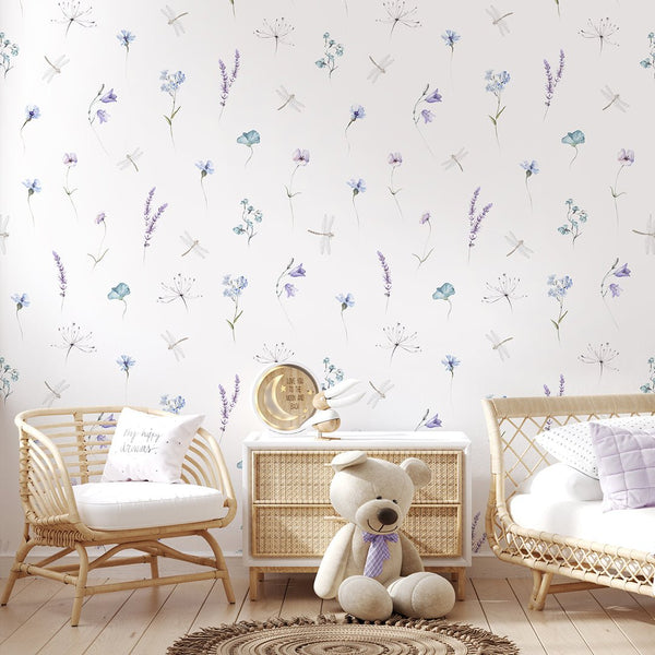 Blue Purple Wildflowers Wallpaper S081 - CostaCover - Peel and stick Removable Wallpaper - accent wallpaper - adhesive wallpaper - Aqua blue wallpaper