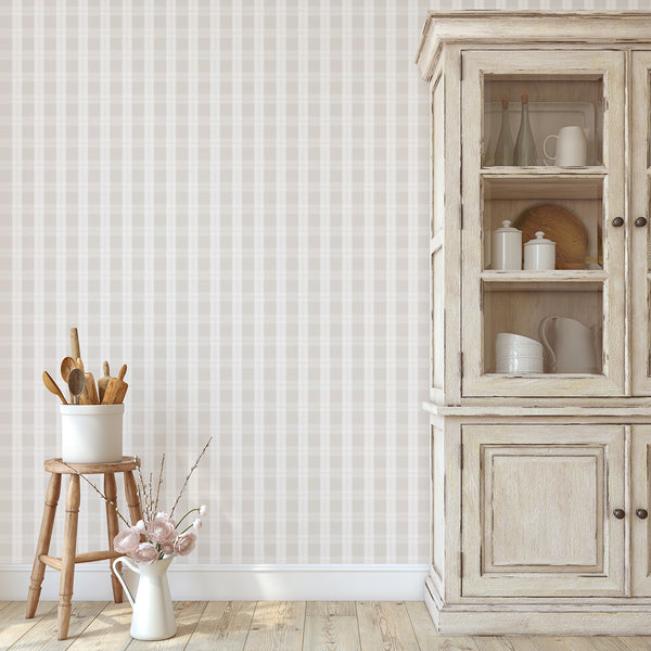 Beige checkered wallpaper featuring wide neutral blocks, delicate woven-style lines, and a light ivory palette for minimalist or farmhouse interiors.